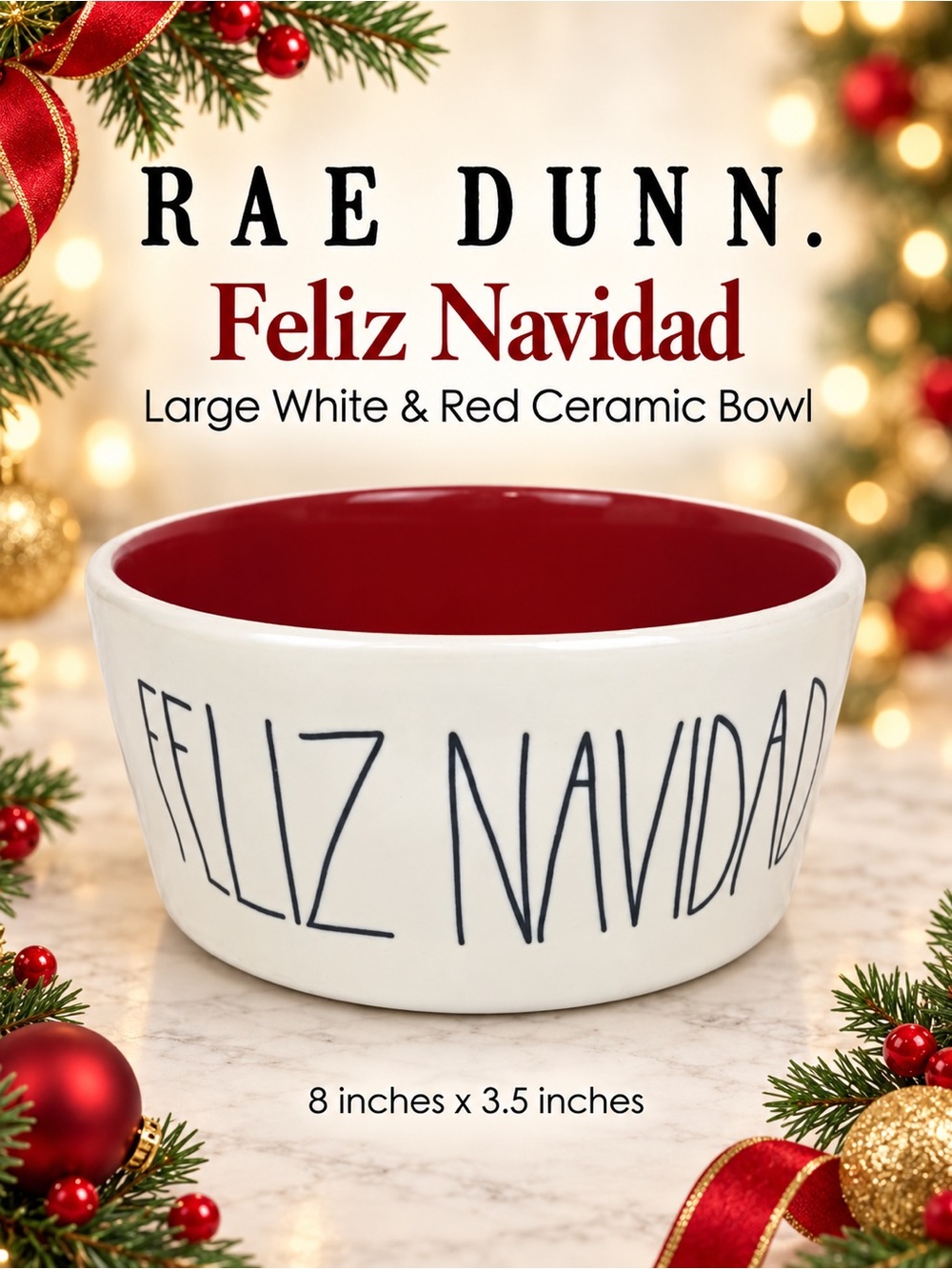 RAE DUNN Feliz Navidad White Red 8" Pet Food Water Bowl Christmas Holiday NEW